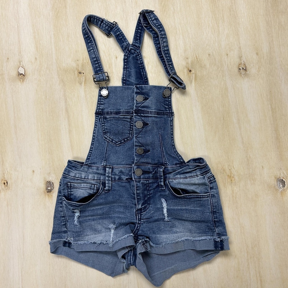 YMI Y2K Overalls Womens 0 Denim Distressed Shortalls Button Front Cuffed Hem